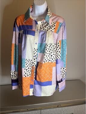 Mod Boutique Abstract Patchwork Button Up Blouse Xl Multicolor